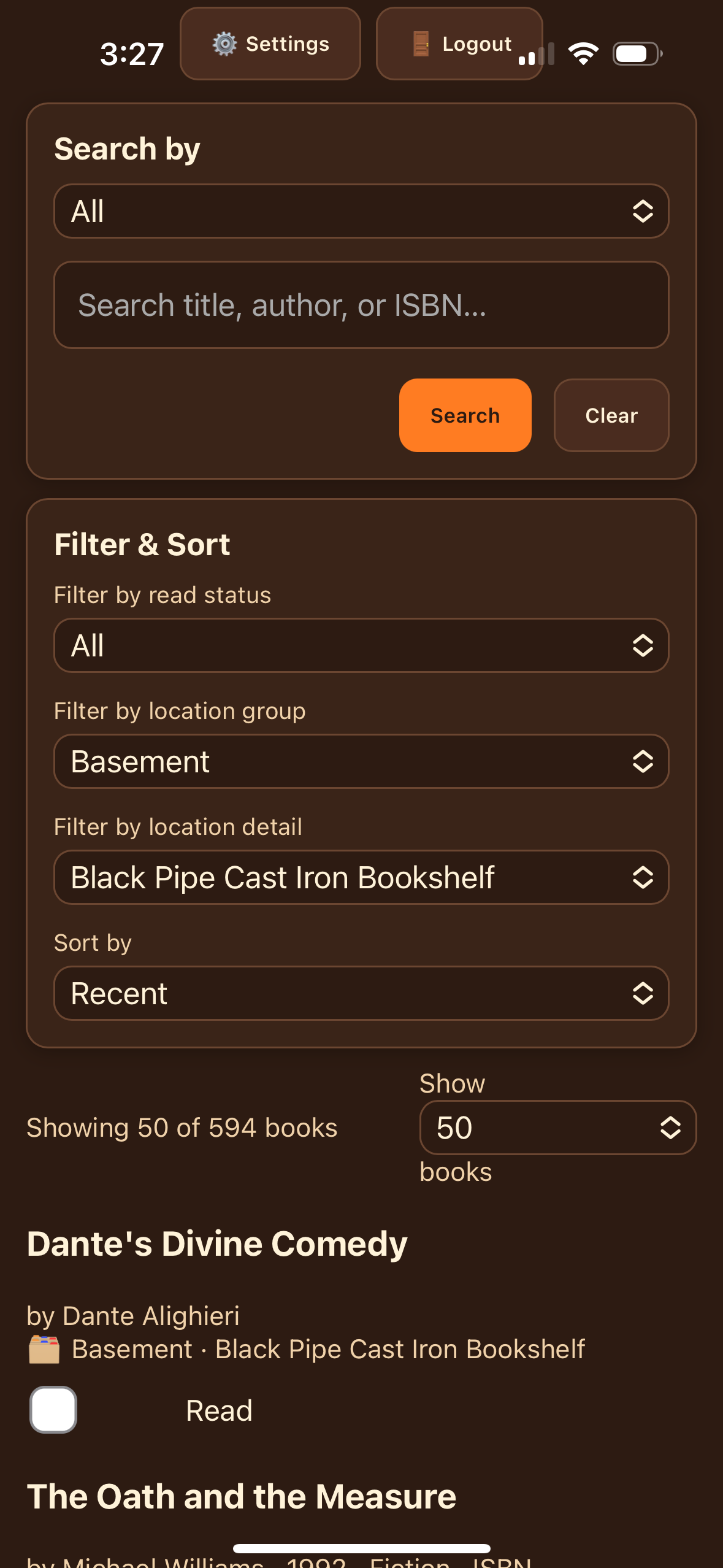 Browse page showing a searchable list of books