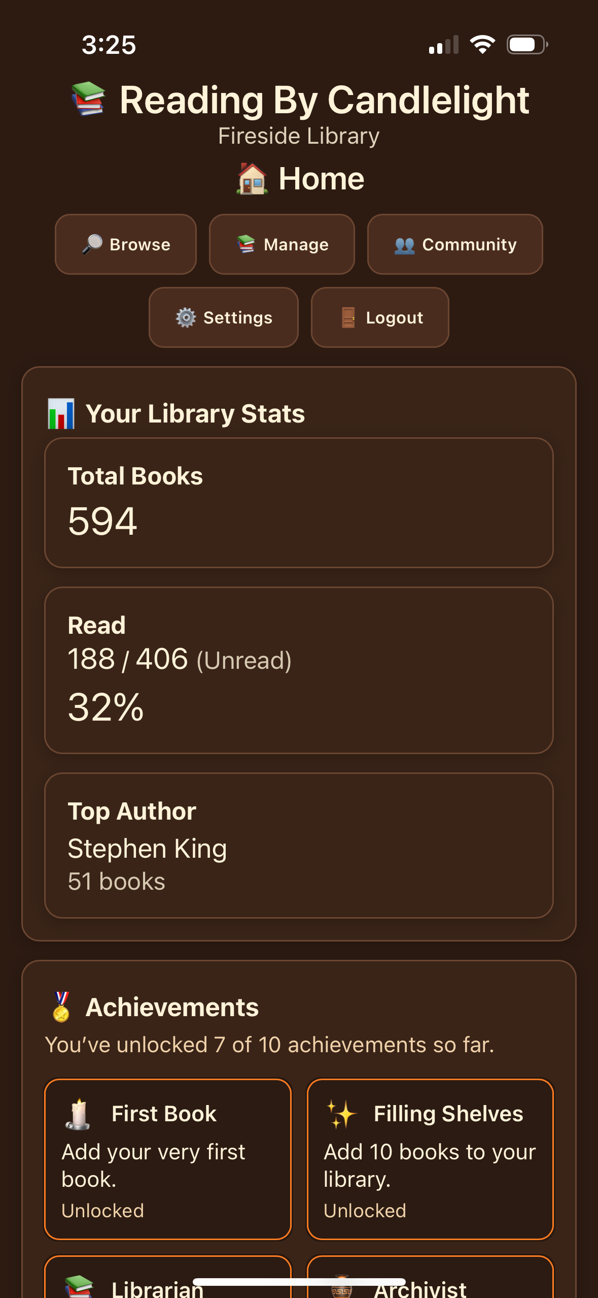Reading by Candlelight home page showing library stats