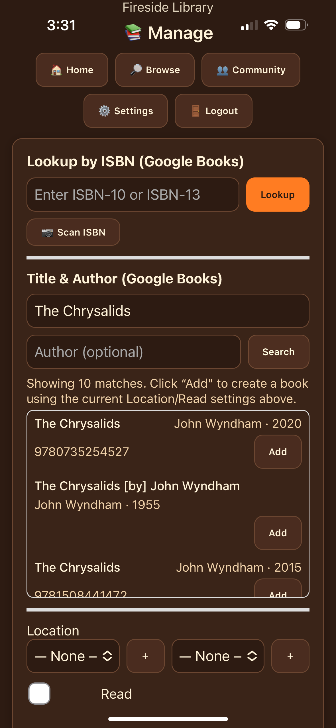 Manage page showing adding books and lookup tools